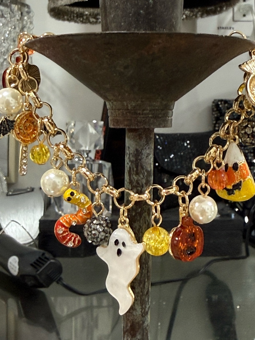 Gold-Tone Halloween Charm Bracelet with White Ghost & Orange Accents